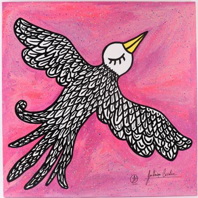 une peinture représentant un oiseau au bec jaune sur fond rose