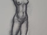 a black and white drawing of a woman standing with her hands on her head