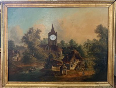 un tableau représentant une église sur laquelle figure une horloge