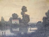 a painting of a man and a woman by the water