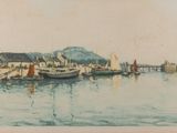 a painting of a harbor scene with boats on the water