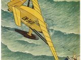 illustration of a yellow airplane flying over the ocean with a man on a surfboard