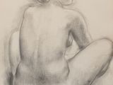 un dessin représentant une femme assise par terre, de dos par rapport à la caméra