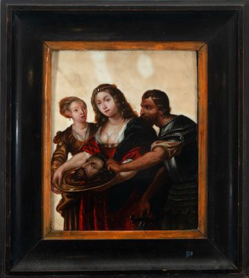 a painting of a man holding a baby next to a woman and a man