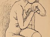 dessin représentant une femme assise sur une chaise, les mains sur le visage