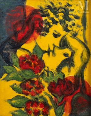 un tableau représentant une femme avec des fleurs dans un vase