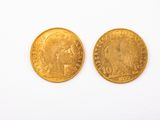 deux pièces d'or sur une surface blanche