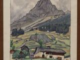 an image of a watercolor painting of a mountain scene