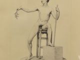 dessin représentant un homme assis sur un tabouret, un bâton à la main
