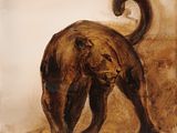 a painting of a cat that is standing in the dirt