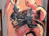 une image représentant un tableau où l'on voit un homme tenant un lapin dans ses bras