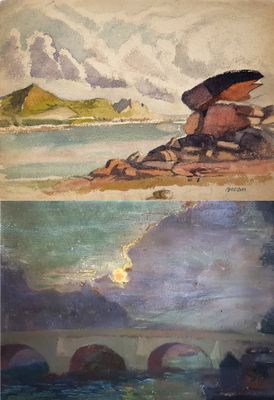 deux photos : l'une représentant un tableau où l'on voit une personne sur une plage, et l'autre représentant un tableau où l'on voit une personne sur un rocher