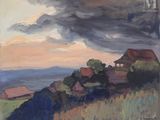 une peinture à l'huile représentant une maison sur une colline, avec un ciel nuageux en arrière-plan