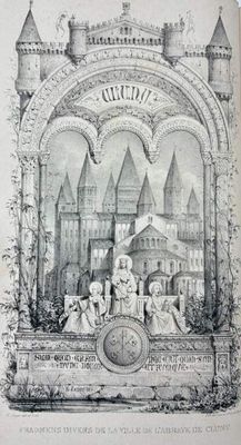 an old drawing of a castle with a man and a woman in front of it