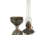 pair of antique brass and glass oil lamps on stands
