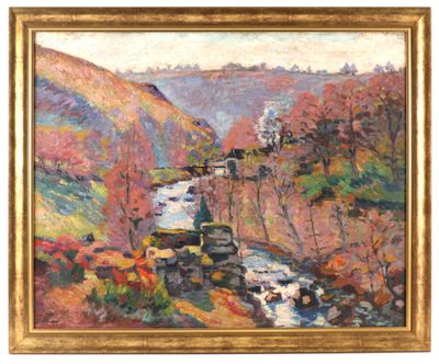 an image of a painting of a stream in a mountainous landscape