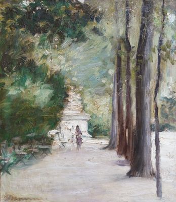 an oil painting of a couple walking down a path in a park