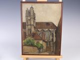 peinture sur chevalet représentant un bâtiment avec une tour horloge en arrière-plan