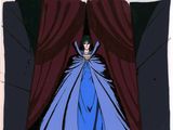 an image of a woman in a blue dress standing in front of a red curtain