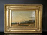 une peinture à l'huile représentant un paysage avec un homme dans un bateau sur l'eau