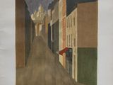 une image représentant une peinture d'une rue bordée de bâtiments de part et d'autre
