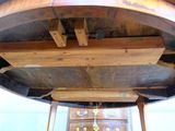 a wooden table with a clock on top of it