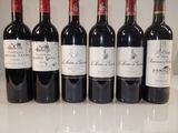 six bottles of red wine lined up on a counter top