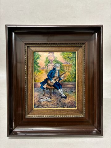 Émail de Limoges – « Joeur à la guitare ». Signée Henriette MARTY