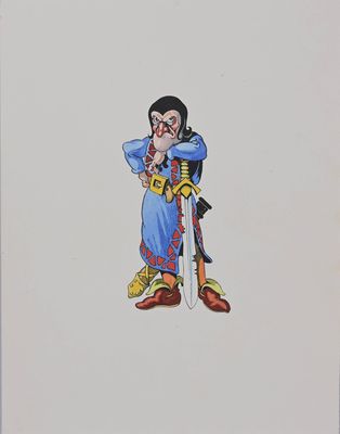 peinture représentant un personnage de dessin animé tenant une épée et vêtu d'une tenue bleue