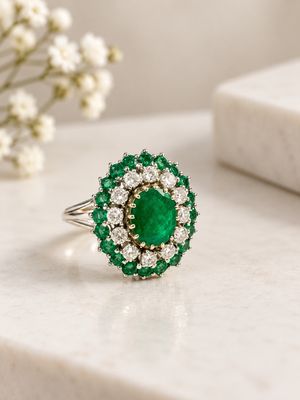 a close up of an emerald and diamond ring on a marble surface
