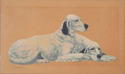 tableau représentant un chien et un chat allongés sur une surface marron
