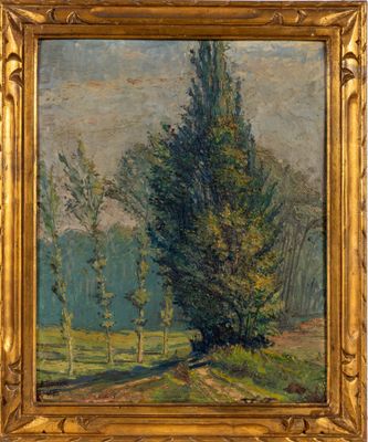 une peinture à l'huile représentant un arbre dans un champ, avec des arbres en arrière-plan