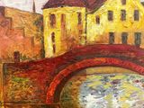 an oil painting of a bridge over a river with buildings in the background