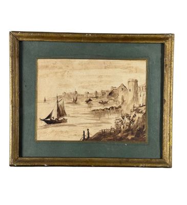 une vieille photo représentant un tableau où l'on voit un bateau sur l'eau