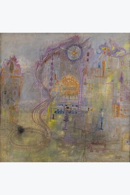 an image of a painting of a city with a train coming down the tracks