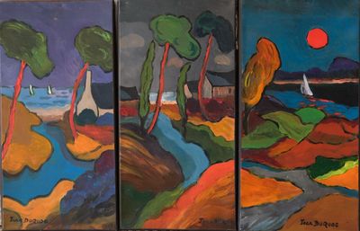 trois tableaux représentant un paysage avec des arbres et un bateau sur l'eau