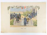 un tableau représentant un groupe de personnes descendant les marches