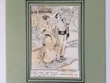 an old picture of a man and woman walking down a street