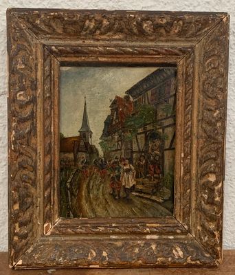 peinture représentant une scène de rue avec une calèche, posée sur une table en bois