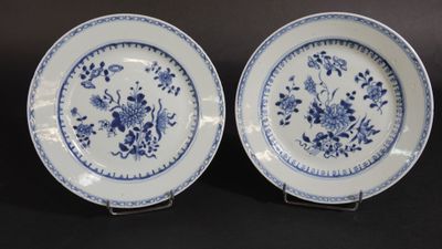 deux assiettes bleues et blanches ornées de fleurs et de feuilles