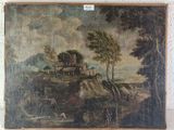 an old painting of a landscape with a castle on a hill