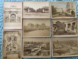 several old black and white photos of a city and a train
