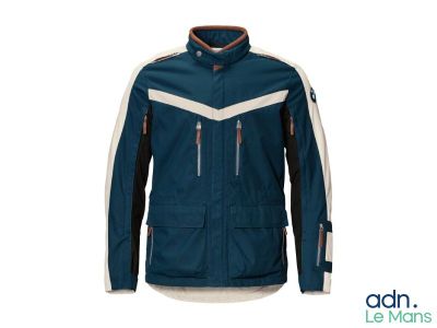 the jacket is blue and white with a zipper on the chest