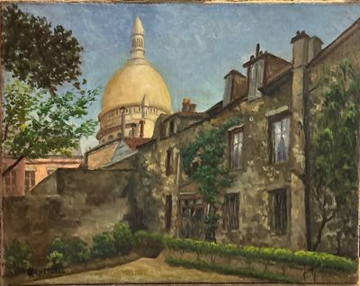 une peinture à l'huile représentant un bâtiment surmonté d'un dôme