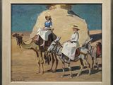 un tableau représentant deux femmes chevauchant des chameaux dans le désert