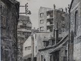 drawing of a street in an old european city with buildings and a clock