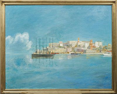 l'image d'une peinture représentant un bateau dans un plan d'eau