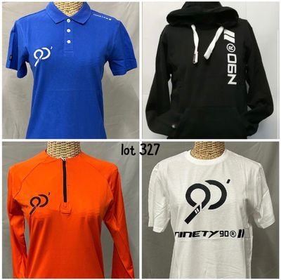 four different colored shirts with logos on them on a mannequin