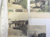 several old photos of people standing on a dirt road in the middle of a field