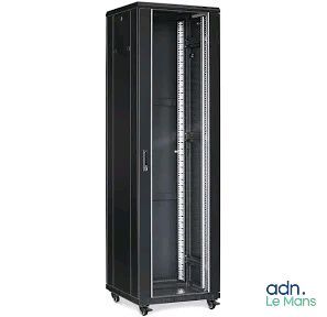a black server cabinet with a door open on a white background